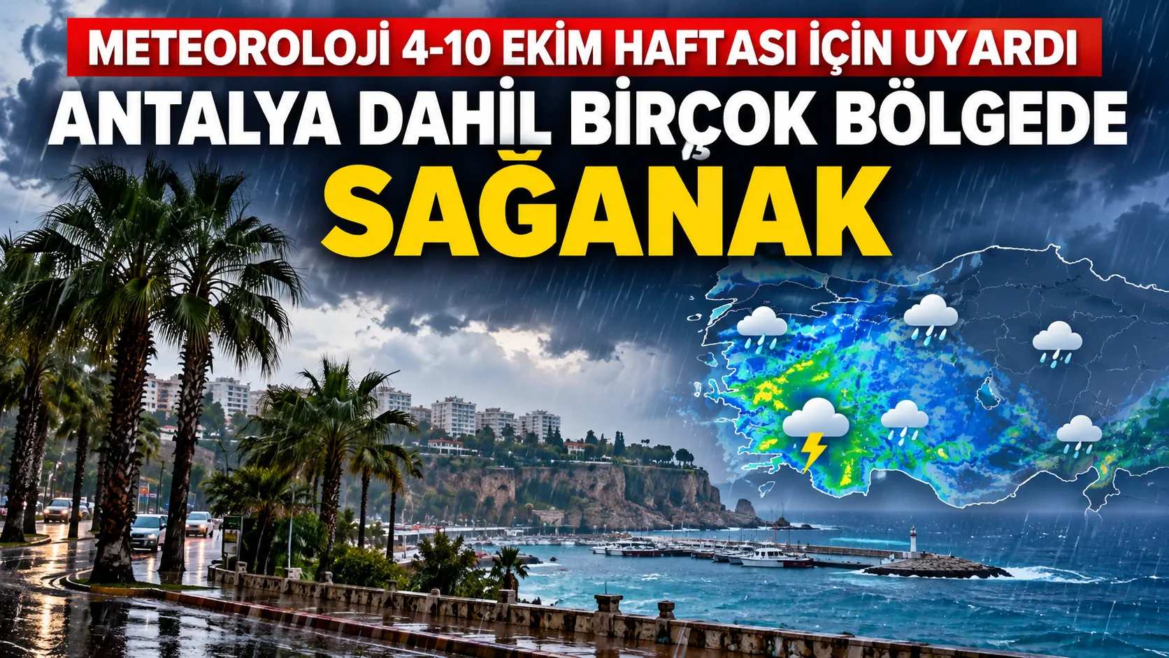 Antalya ve Akdeniz Bölgesi'nde beklenen sağanak yağışları gösteren hava durumu görseli