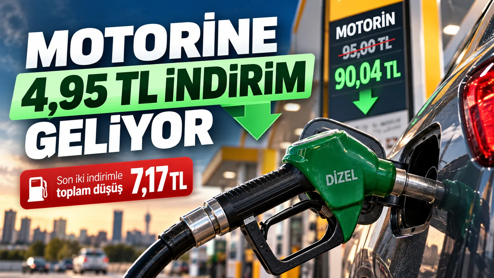 Motorin fiyatlarında beklenen 4,95 TL’lik indirimi gösteren akaryakıt istasyonu